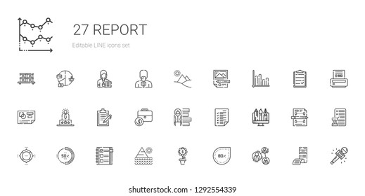 report icons set. Collection of report with analysis, percentage, growth, pyramid, checklist, pie chart, graphic, tasks, bar chart, portfolio. Editable and scalable report icons.