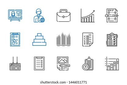 report icons set. Collection of report with bar chart, clipboard, planning, board, list, tasks, pyramid, checklist, portfolio, news reporter. Editable and scalable report icons.