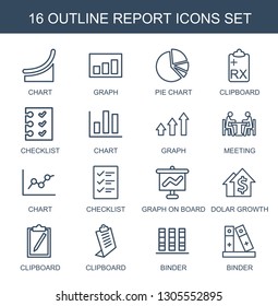 report icons. Trendy 16 report icons. Contain icons such as chart, graph, pie chart, clipboard, checklist, meeting, graph on board, dolar growth. report icon for web and mobile.