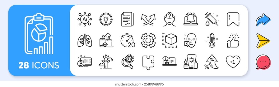 Report, Idea and Seo gear line icons. Interest rate, AI generate, Inflation icons. Pack of Document signature, Psychology, Coronavirus research icon. Vector