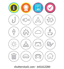 Report, information and award signs. Camping and fishing icons. Tourist tent, fire and match symbols. Coffee cup and hamburger. Car and house. Fish, hook and float bobber thin outline signs. Vector
