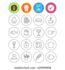 Report, information and award signs. Food and Drinks icons. Beer, coffee and cocktail symbols. Fish and pork meat, hamburger and cheese thin outline signs. Chief hat. Check tick symbol. Flat buttons