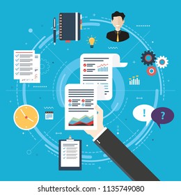 Report with investment data and graphs of growth on sheet of paper in the hands of a businessman. Contact agenda icon, speech bubble, documents and business icons. Flat design vector illustration.