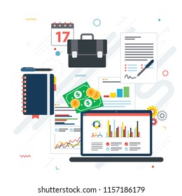 Report with investment data and graphs and growth on laptop screen and businessman hand. Calendar icon, calculator, money, briefcase and documents. Flat design vector illustration.