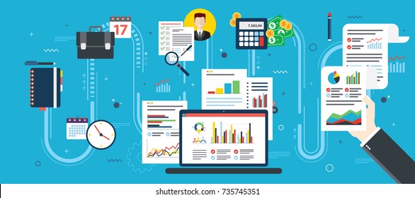 Informe con datos y gráficos de inversión y crecimiento en pantalla de portátil y mano de hombre de negocios. Icono del calendario, calculadora, dinero, maletín y documentos. Ilustración vectorial de diseño plano.