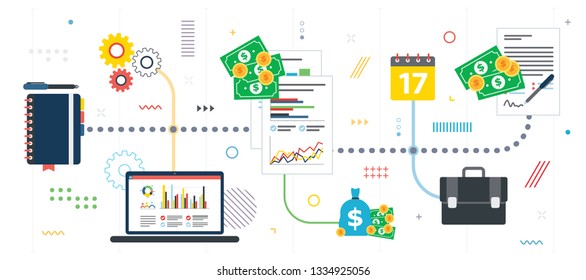 Report with investment data, planning and contract signature. Investment data with earnings and profits in business. Template in flat design for web banner or infographic in vector illustration.