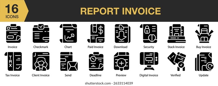 Report Invoice solid icon set. Includes business, invoice, report, financial, tax, accounting, and More. Solid icons vector collection.
