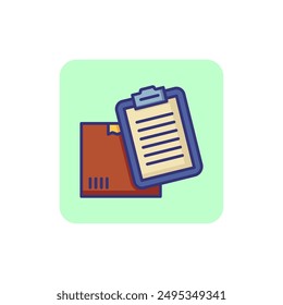 Symbol für Berichtszeile. Box, Paket, Checkliste, Dokument. Logistikkonzept. Kann für Themen wie Lieferung, Versand, Prüfung, Kundenservice verwendet werden