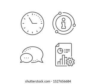Report line icon. Chat bubble, info sign elements. Column graph, pie chart sign. Market analytics symbol. Linear report outline icon. Information bubble. Vector