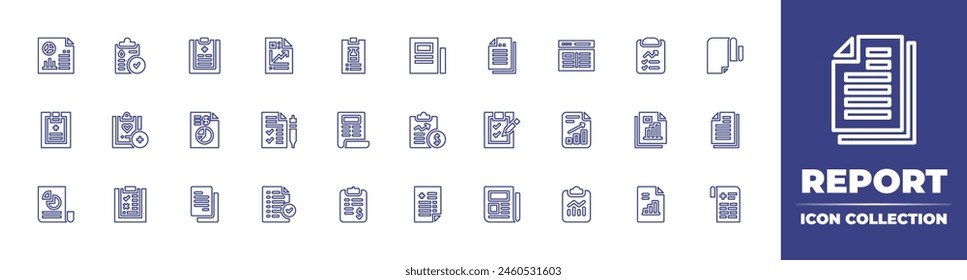 Report line icon collection. Editable stroke. Vector illustration. Containing report, result, medical report, progress, newspaper, pie chart, economic, sale, bill, seo, news.