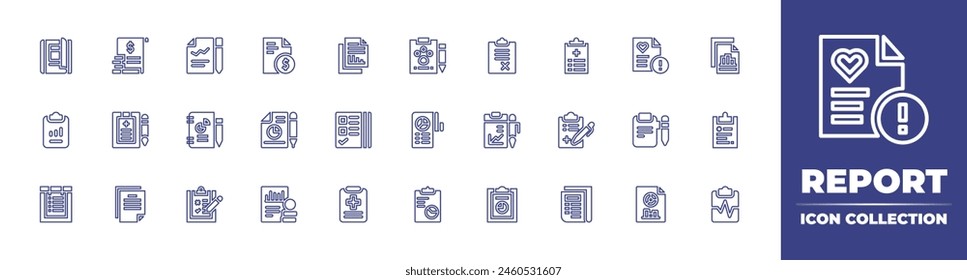 Report line icon collection. Editable stroke. Vector illustration. Containing report, business, pie chart, medical, profit, newspaper, statistics, analytics, health.