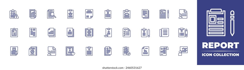 Report line icon collection. Editable stroke. Vector illustration. Containing check list, health report, report, data analytics, news, information, analytics, medical report.