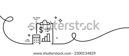 Report line icon. Continuous one line with curl. Accounting clipboard document sign. Budget info symbol. Report single outline ribbon. Loop curve pattern. Vector