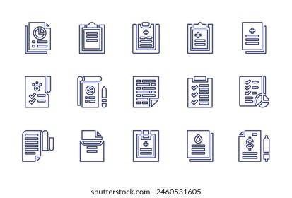 Report line icon set. Editable stroke. Vector illustration. Containing report, data analysis, invoice, medical report, pie chart, health report.