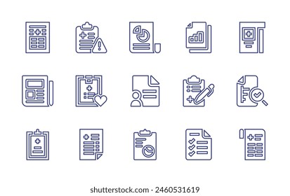 Juego de iconos de línea de informe. Trazo editable. Ilustración vectorial. Conteniendo informe, lista de verificación, informe de salud, gráfico circular, informe médico, análisis de datos, análisis, periódico.