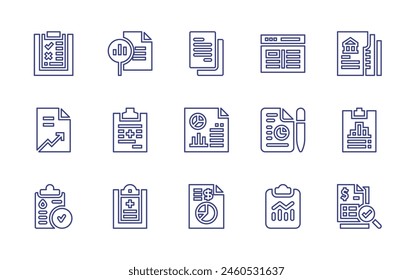 Juego de iconos de línea de informe. Trazo editable. Ilustración vectorial. Conteniendo informe, análisis, médico, declaración, informe de beneficios, análisis de datos, venta, informe de noticias.
