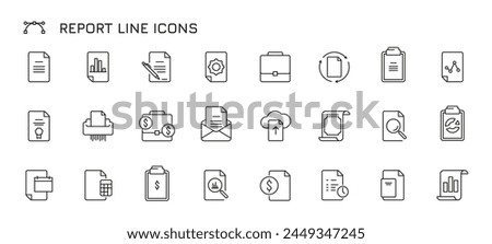 Report line icons. Check mark, tick, download and upload, data analyze and generate, graph and chart, document and research. Vector infographic symbols