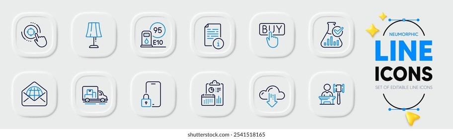 Report, Lock and Cloud download line icons for web app. Pack of Buying, Chemistry lab, Seo target pictogram icons. Table lamp, Manual, Web mail signs. Auction, Petrol station, Truck transport. Vector