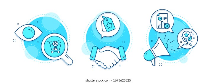 Report, Loyalty points and Loyalty tags line icons set. Handshake deal, research and promotion complex icons. Shopping cart sign. Presentation document, Bonus grows, Bonus reward. Discount. Vector
