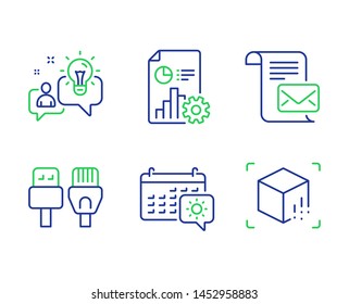 Report, Mail letter and Idea line icons set. Computer cables, Travel calendar and Augmented reality signs. Presentation document, Read e-mail, Solution. Rj45 internet. Business set. Vector