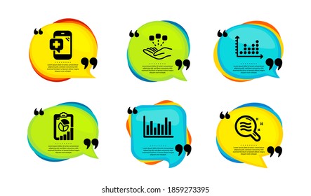 Reporte, teléfono médico y los iconos de gráfico de puntos conjunto simple. Burbuja del discurso con citas. Consolidación, diagrama de barras y signos de estado de la piel. Gráfico de presentación, Medicina móvil, grafo de presentación. Vector