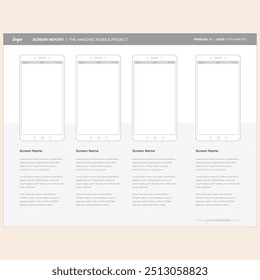 Informe maqueta lista para presentar bocetos de diseño de App de teléfonos inteligentes. Diseño editable del marco de alambre móvil del Vector para el móvil, con los datos de la muestra, detalles gráficos reales de la interfaz de usuario listos para los proyectos de UX UI