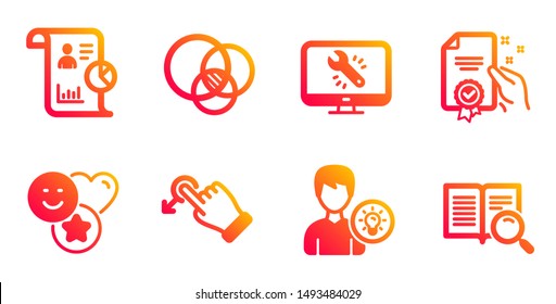 Report, Monitor repair and Certificate line icons set. Smile, Drag drop and Person idea signs. Euler diagram, Search text symbols. Work statistics, Computer service. Technology set. Vector