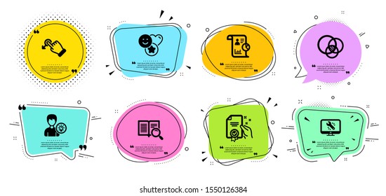 Report, Monitor repair and Certificate line icons set. Chat bubbles with quotes. Smile, Drag drop and Person idea signs. Euler diagram, Search text symbols. Work statistics, Computer service. Vector