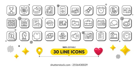 Report, Music book and Alarm clock line icons pack. 3d design elements. Feedback, Calendar, Creativity web icon. Candlestick chart, Portfolio, Marketing strategy pictogram. Vector