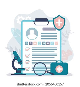 Report on results of complete examination of patient. Clipboard with personal information. Medical check-up at clinic. Tools for research. Medicine and healthcare concept. Flat vector illustration