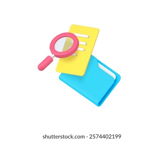 Report paper document file folder research analyzing 3d icon realistic vector illustration. Data information management archive administration examining inspection magnifying glass and paper list