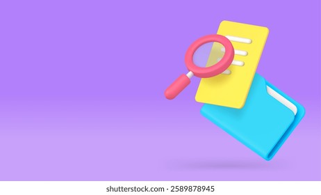 Report paper document file folder research analyzing banner copy space vector illustration. Data information management archive administration examining inspection magnifying glass and paper list