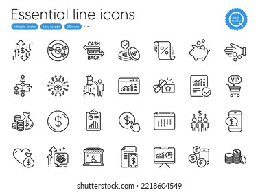Report, Payment and Loyalty gift line icons. Collection of Stress grows, Buy currency, Phone payment icons. Piggy bank, Vip shopping, Web traffic web elements. Donation money, Donation. Vector