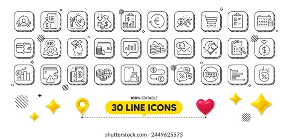 Report, Payment method and Payment line icons pack. 3d design elements. Business targeting, Checklist, Analytical chat web icon. Bitcoin mining, Calendar, Loan percent pictogram. Vector