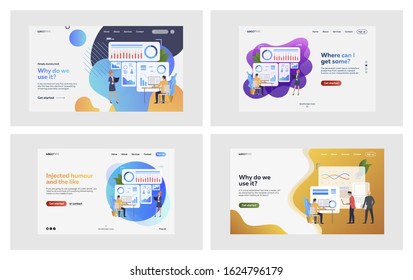 Report presentation set. Business team presenting graph on board, working on computer. Flat vector illustrations. Marketing, analysis, statistics concept for banner, website design or landing web page