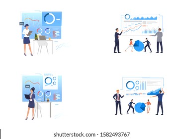 Report presentation set. Businesspeople presenting charts, diagrams, graphs. Flat vector illustrations. Business or analysis concept for banner, website design or landing web page