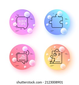 Report, Puzzle and Statistics timer minimal line icons. 3d spheres or balls buttons. Quick tips icons. For web, application, printing. Survey clipboard, Puzzle piece, Growth chart. Vector