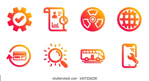 Report, Refund commission and Globe line icons set. Bus tour, Chemical hazard and Search signs. Service, Smartphone repair symbols. Work statistics, Cashback card. Business set. Vector