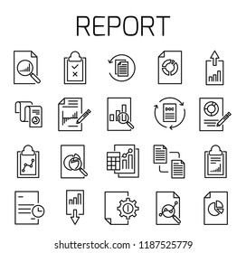 Report related vector icon set. Well-crafted sign in thin line style with editable stroke. Vector symbols isolated on a white background. Simple pictograms.