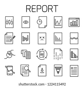 Report related vector icon set. Well-crafted sign in thin line style with editable stroke. Vector symbols isolated on a white background. Simple pictograms.