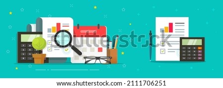 Report research of business project document with chart graphs data vector or analyze inspection process of paper financial results of market study flat cartoon illustration, tax calculation idea