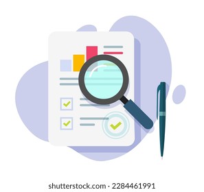 Report result analyze inspection review icon vector paper sheet, audit sales growth graph data overview flat graphic illustration, evaluate research statistic document control, revenue income check