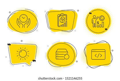 Report, Safe time and Seo script signs. Chat bubbles. Employees wealth, Recovery server and Sun energy line icons set. Results chart, Backup data, Solar power. Presentation chart. Science set. Vector