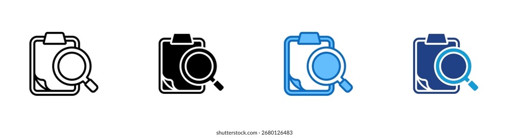 Report Search Multiple Style Icon Design Vector - Zwischenablage mit Lupe, die Dateiprüfung, Datensatzüberprüfung oder Berichtsanalyse symbolisiert