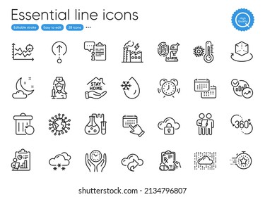 Report, Seo analysis and Vaccination line icons. Collection of Statistics, 360 degree, Chemistry lab icons. Survey, Thermometer, Calendar web elements. Freezing water, Swipe up, Stay home. Vector