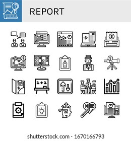 report simple icons set. Contains such icons as Analysis, Feedback, Task list, Analytics, Bill, Planning, Clipboard, Journalist, Board, Priority, can be used for web, mobile and logo