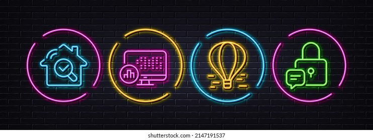 Estadísticas de informes, Inspeccionar y Iconos de línea mínimos de globo de aire. Luces 3d láser neón. Bloquear iconos. Para web, aplicación, impresión. Gráfica, Búsqueda, Vuelo. Mensaje de bloqueo. Vector