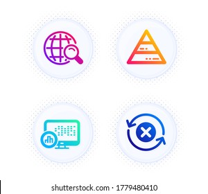 Report statistics, Internet search and Pyramid chart icons simple set. Button with halftone dots. Reject refresh sign. Graph chart, Web finder, Report analysis. Update rejection. Vector