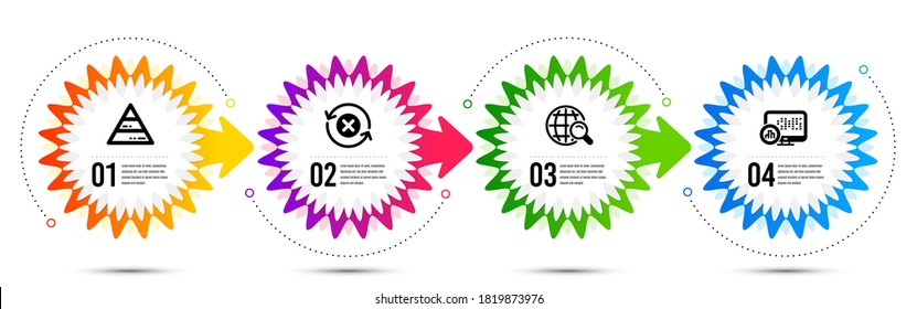 Estadísticas de informes, búsqueda en Internet e íconos de gráfico de pirámide simple conjunto. infografía de pasos de línea de tiempo. Rechazar el signo de actualización. Gráfica, buscador web, análisis de informes. Actualizar rechazo. Vector