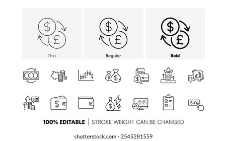 Estatísticas de relatório, Piggy bank e Alterar ícones de linha de dinheiro. Botão Pack of Buy, pódio Vip, ícone Checklist. Carteira de dinheiro, bolsas de moedas, Pictograma de oferta de oferta de oferta de licitação. Câmbio. Ícones de linha. Vetor